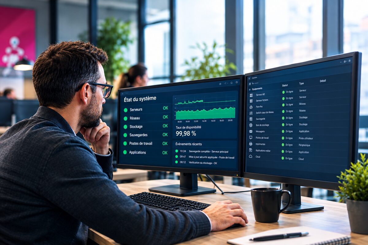 Un responsable informatique surveille l'état des serveurs, du réseau et des sauvegardes sur deux écrans